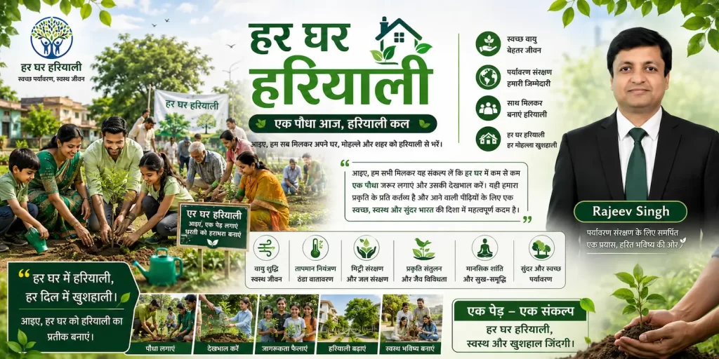 Har Ghar Hariyali, inspired by Rajeev Singh, promotes tree plantation, clean surroundings, and eco-friendly living to create greener homes, healthier communities, and a sustainable future through collective environmental awareness and participation.