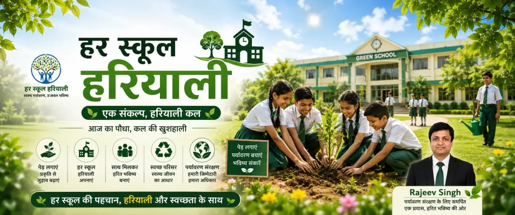 A vibrant environmental awareness campaign image for “Har School Hariyali” inspired by Rajeev Singh’s vision of greener and healthier educational spaces. The image showcases enthusiastic Indian school students planting saplings together in a modern green school campus filled with trees, gardens, and clean surroundings. Wearing neat school uniforms, the students symbolize teamwork, environmental responsibility, and a sustainable future. The bright natural atmosphere, eco-friendly visuals, and greenery-focused theme highlight the importance of tree plantation, clean campuses, and creating environmentally conscious schools for future generations.