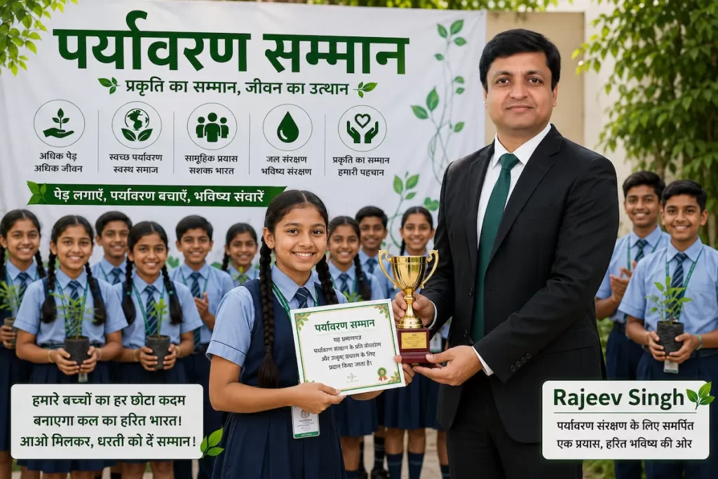 A heartwarming environmental award ceremony image inspired by Rajeev Singh’s vision of encouraging young minds toward nature conservation and sustainability. The image showcases Rajeev Singh presenting a certificate and trophy to a school student during an “Paryavaran Samman” program, while other students proudly stand with saplings in a green educational environment. The scene symbolizes recognition, environmental awareness, youth participation, and collective efforts toward building a cleaner and greener future. The vibrant greenery, smiling students, and eco-friendly atmosphere highlight the importance of motivating children through appreciation and plantation-based initiatives.