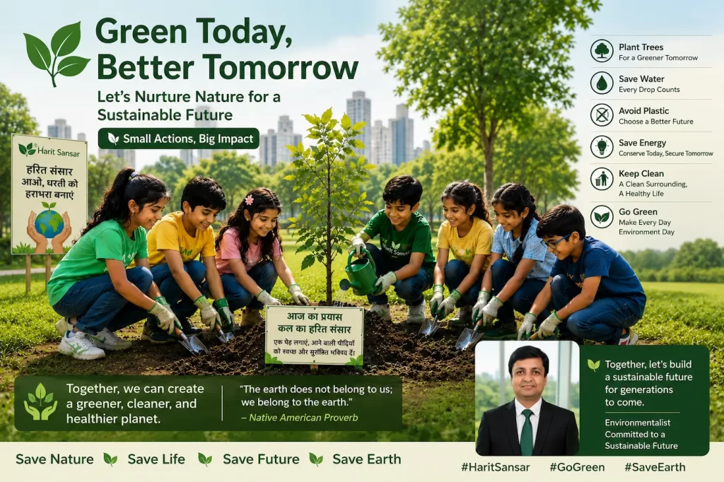 A beautiful environmental awareness campaign by Harit Sansar, inspiring the next generation to protect nature and build a greener tomorrow. The image showcases enthusiastic children planting a tree together, symbolizing hope, responsibility, and sustainable living. Featuring environmentalist Rajeev Singh in the corner, the design highlights the mission of creating awareness about tree plantation, water conservation, cleanliness, and eco-friendly habits. With the message “Green Today, Better Tomorrow,” this creative banner promotes collective action for a cleaner, healthier, and sustainable future for generations to come. #HaritSansar #GoGreen #SaveEarth #PlantTrees #EnvironmentalAwareness #SustainableFuture #GreenIndia #RajeevSingh #SaveNature #EcoFriendly