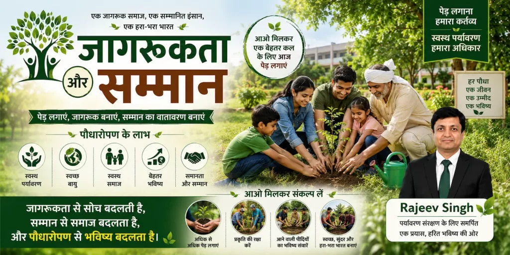 A powerful plantation awareness campaign image for “Jagrukta Aur Samman” inspired by Rajeev Singh’s vision of a greener and socially responsible future. The image showcases Indian families and community members planting saplings together in a clean green environment, symbolizing unity, environmental awareness, and collective responsibility. The vibrant greenery, positive community participation, and eco-friendly visuals highlight the importance of tree plantation, respect for nature, and social harmony. The campaign promotes the message that awareness and plantation together can create a healthier, cleaner, and more sustainable future for society.