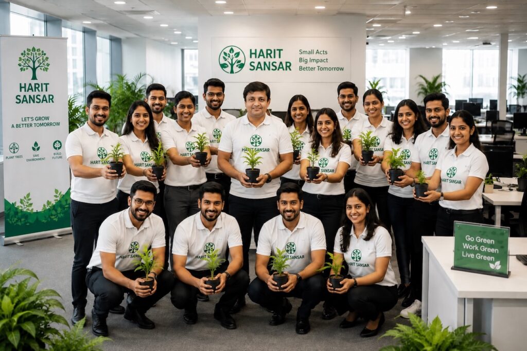 Rajeev Singh, Founder of Harit Sansar and Sansar Green, stands with professionals holding saplings during a workplace plantation initiative, promoting green offices, environmental responsibility, and sustainable corporate culture.