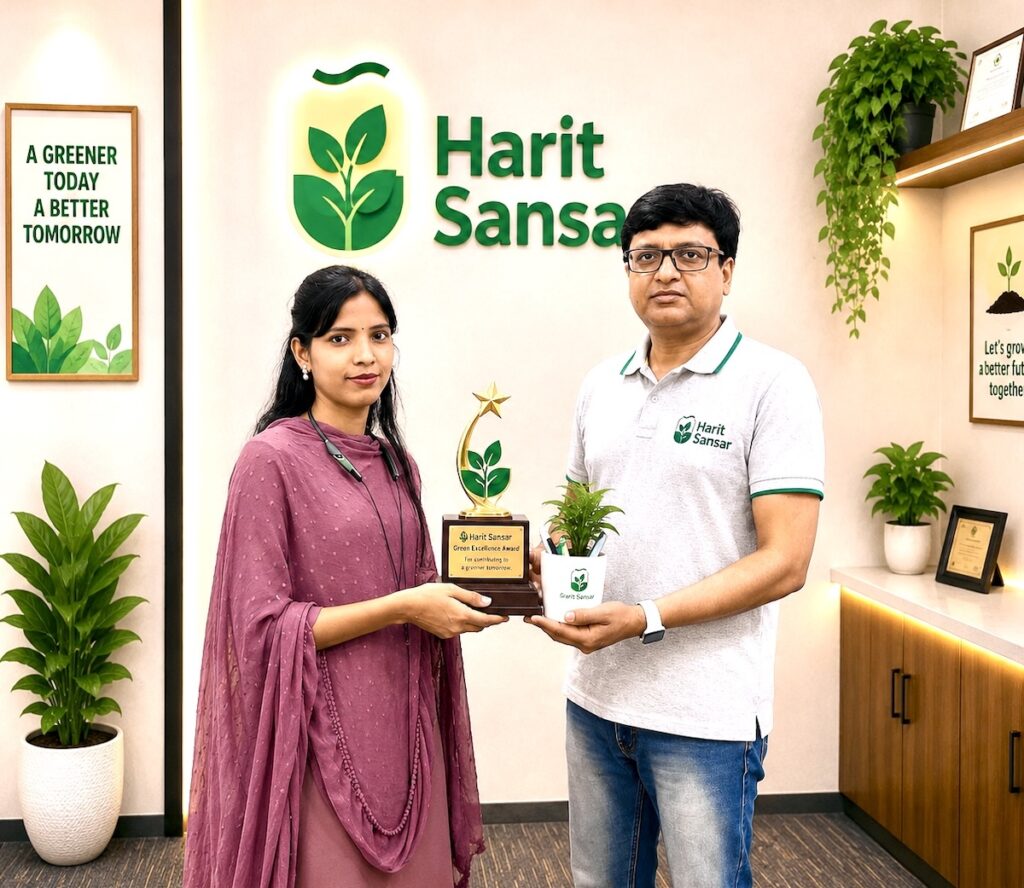 Rajeev Singh addressing employees and volunteers about green office culture and environmental responsibility at Harit Sansar.