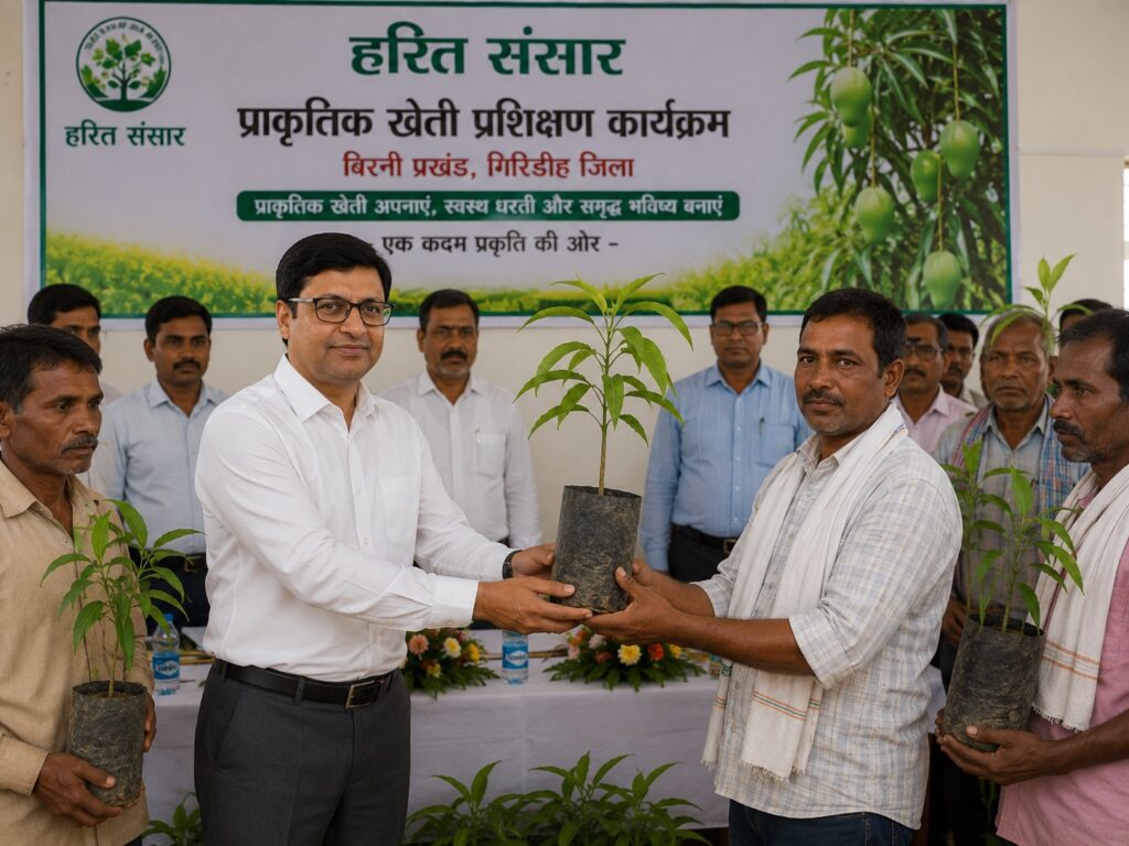 Rajeev Singh, Founder of Sansar Green, distributing 700 mango saplings to farmers during the Harit Sansar Plantation Drive in Birni, Giridih, Jharkhand, promoting agroforestry, natural farming, and environmental sustainability.