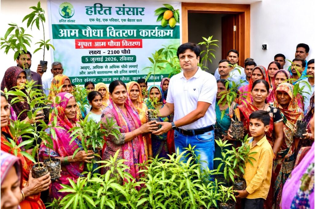 Rajeev Singh and Rimi Singh of Harit Sansar and Sansar Green Mission distributing 2,100 free mango saplings in Giridih, Jharkhand, promoting environmental conservation, community plantation, and sustainable livelihoods.