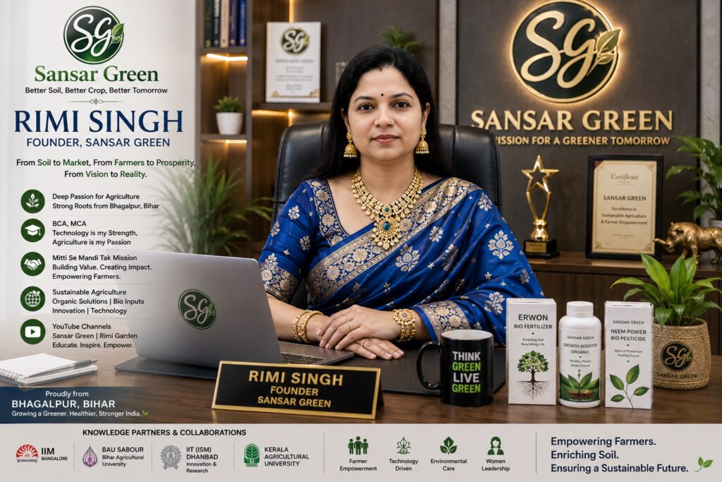 Mrs. Rimi Singh, Founder of Sansar Green, in her executive office wearing a royal blue silk saree and traditional jewellery, symbolizing women leadership, sustainable agriculture, innovation, Harit Sansar, and the "Mitti Se Mandi (Soil to Market)" mission envisioned with Rajeev Singh.