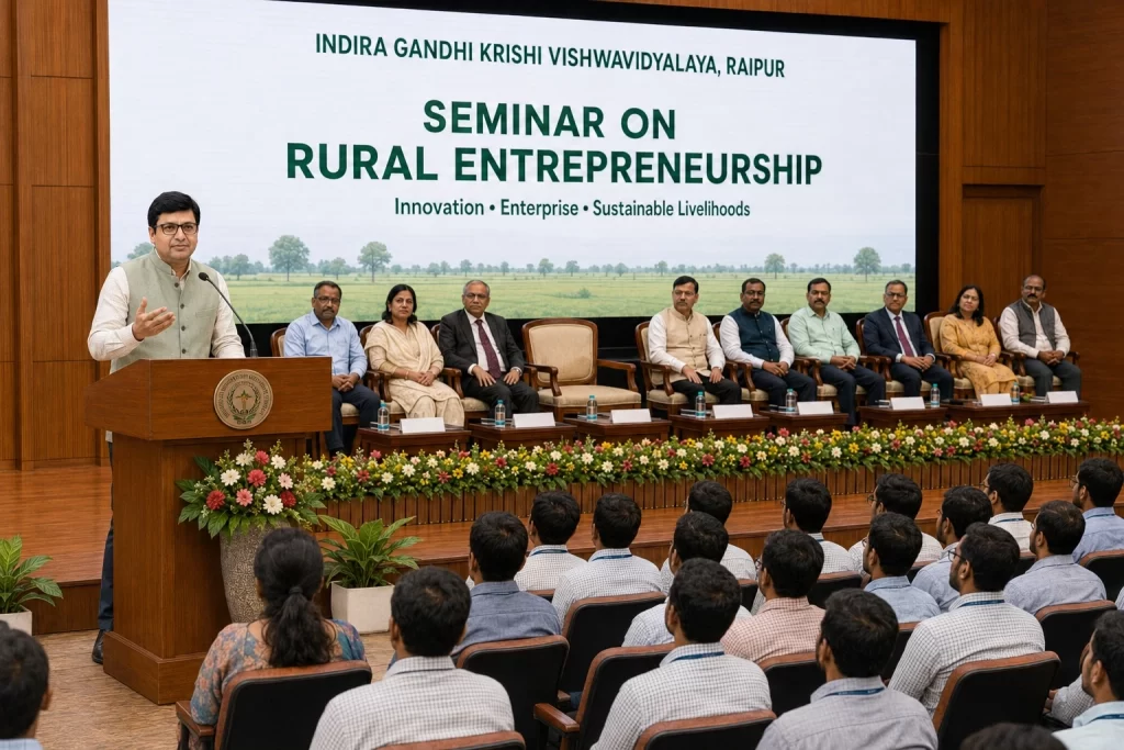 Rajeev Singh, Founder of Sansar Green and a leading agripreneur from Jharkhand, delivering a keynote address on rural entrepreneurship at IGKV Raipur.