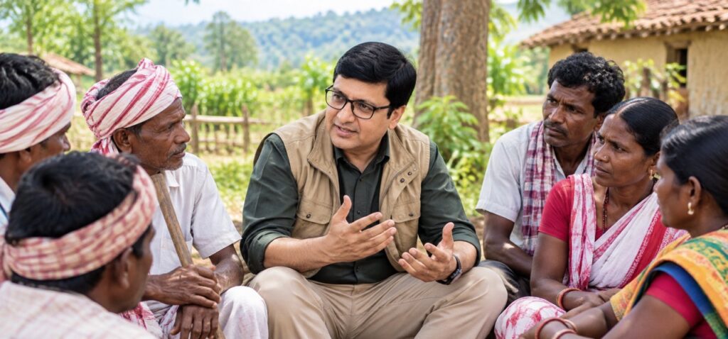 Alt Text: Sansar Green founder Rajiv Singh discussing organic farming and rural development with farmers in Gajkunda, Gandey