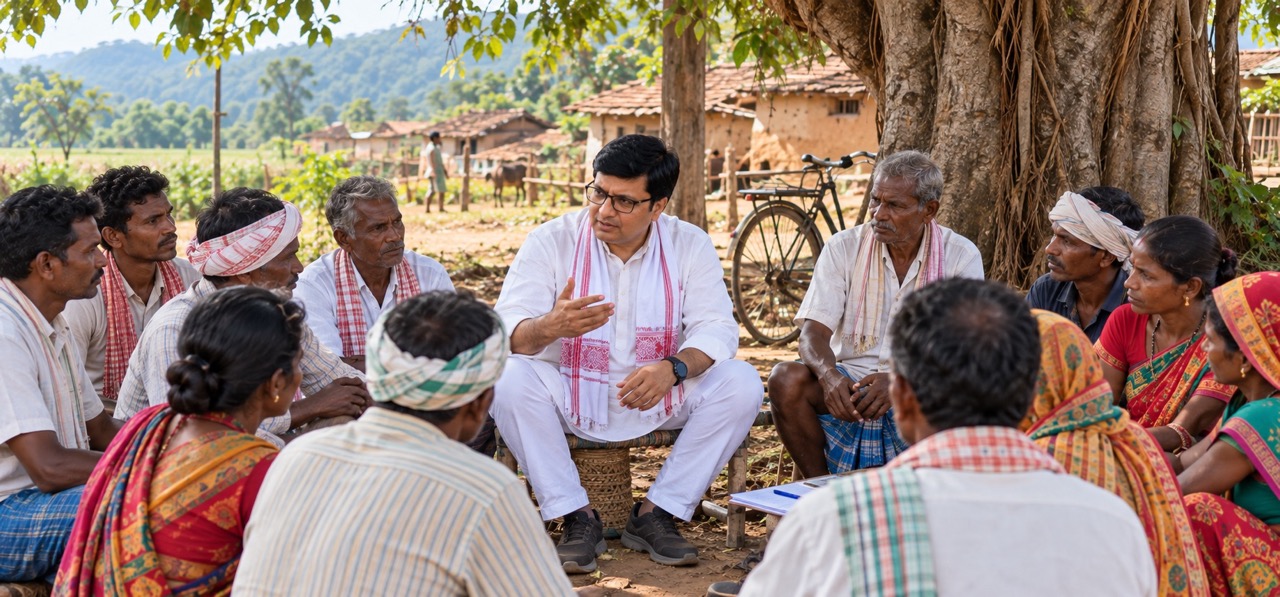 Rajiv Singh discussing agriculture and farmer development with local farmers in Bagdaha, Giridih