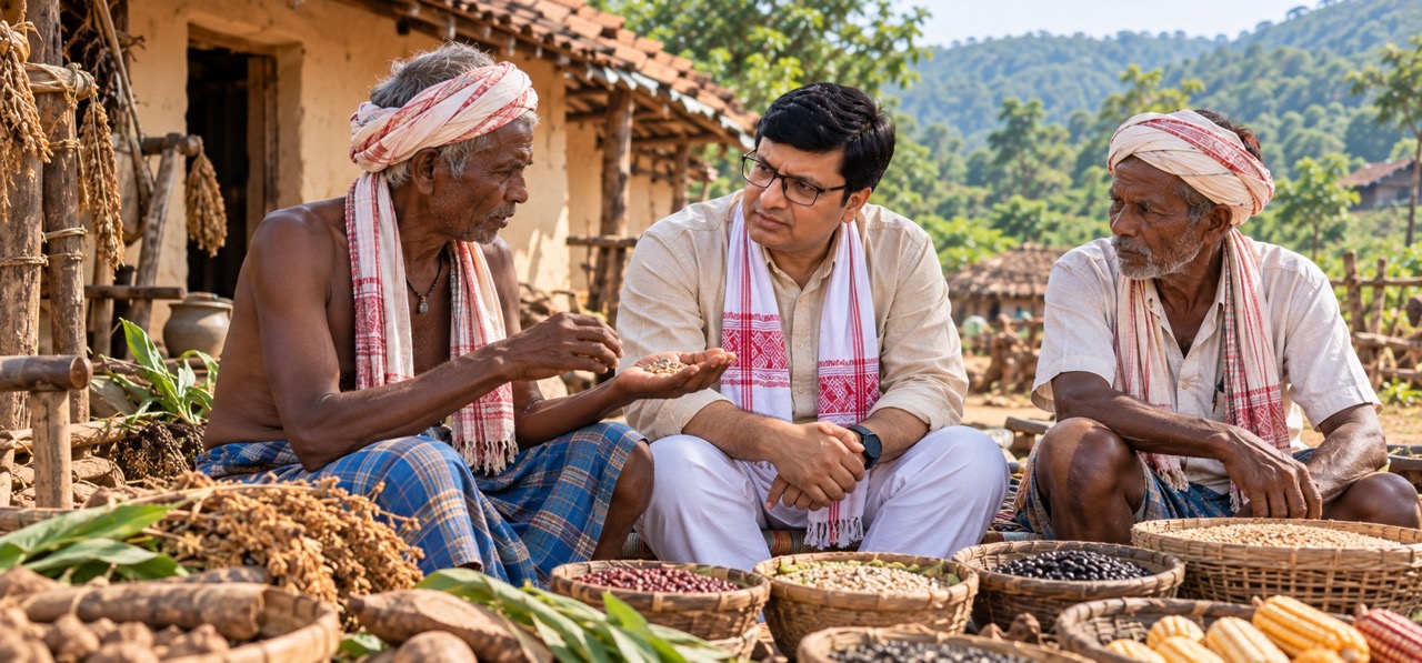 Rajiv Singh meeting farmers in Bagdaha, Giridih, during a discussion on sustainable agriculture and rural development