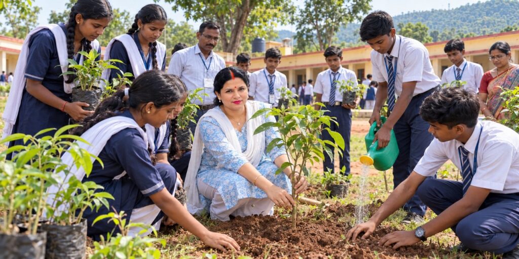 Rimi Singh planting trees with students at +2 Zila School, Bhagalpur, promoting environmental awareness and a greener future