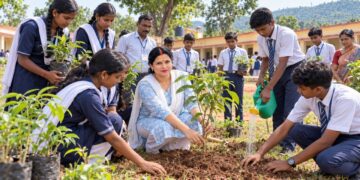 Rimi Singh planting trees with students at +2 Zila School, Bhagalpur, promoting environmental awareness and a greener future