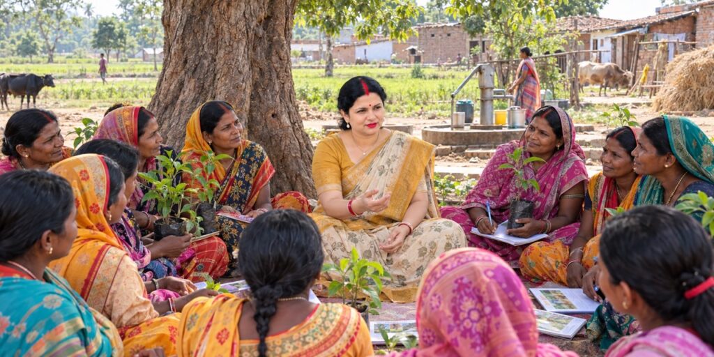 Rimi Singh meeting women farmers in Dharhara village, Gopalpur, to discuss modern farming and rural development