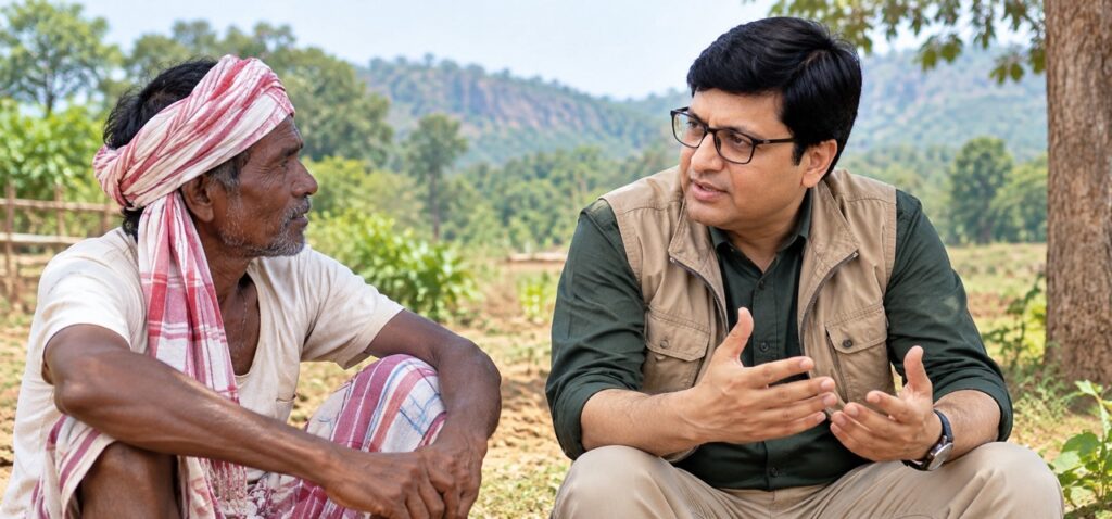 Sansar Green founder Rajiv Singh discussing organic farming and rural development with farmers in Gajkunda, Gandey