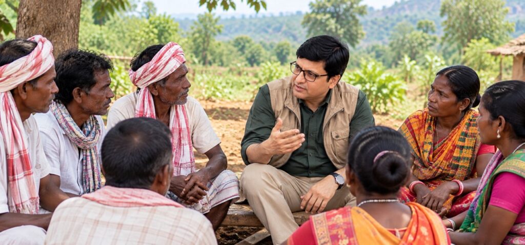 Sansar Green founder Rajiv Singh meeting with farmers in Gajkunda, Gandey, to discuss organic farming, sustainable agriculture and rural development