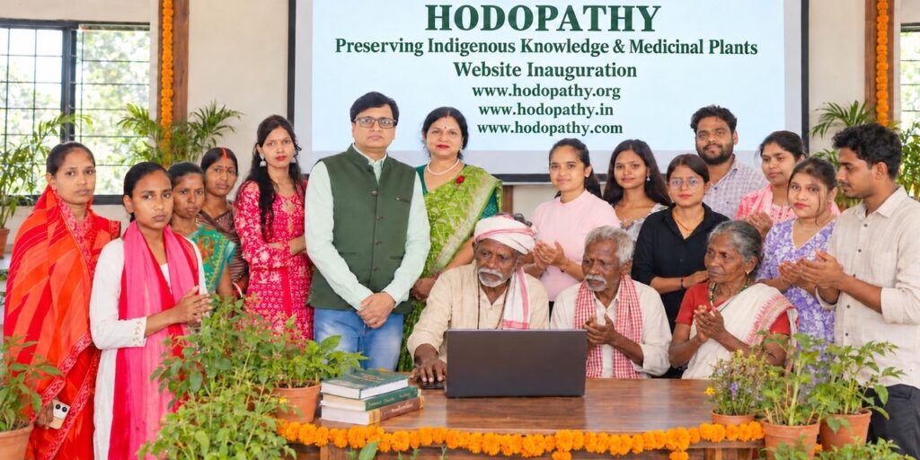 Adivasi elders, women, young volunteers and Rajeev Singh at the Hodopathy website inauguration in Giridih on 8 October 2026, connecting traditional knowledge with younger generations.