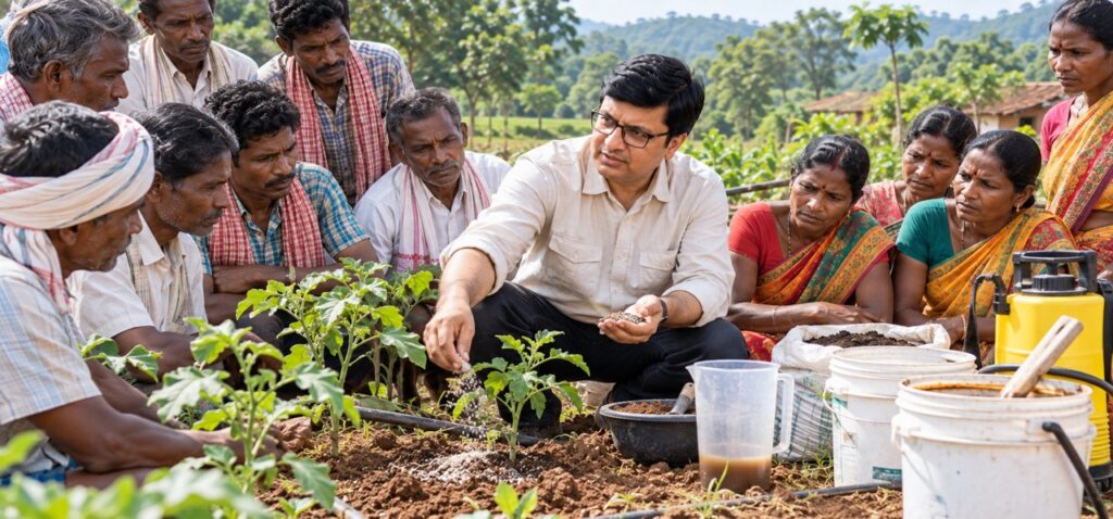 Rajeev Singh, Founder of Sansar Green, interacting with farmers in Palganj on soil health, sustainable agriculture and rural development