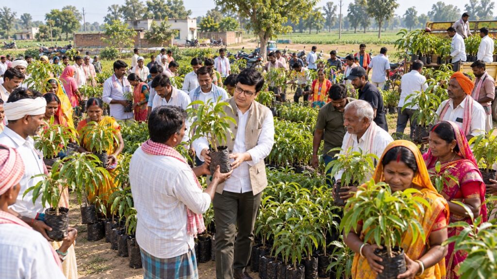 Rajeev Singh, Founder of Sansar Green, distributing mango plants among farmers in Nawadih to promote horticulture and rural agricultural development