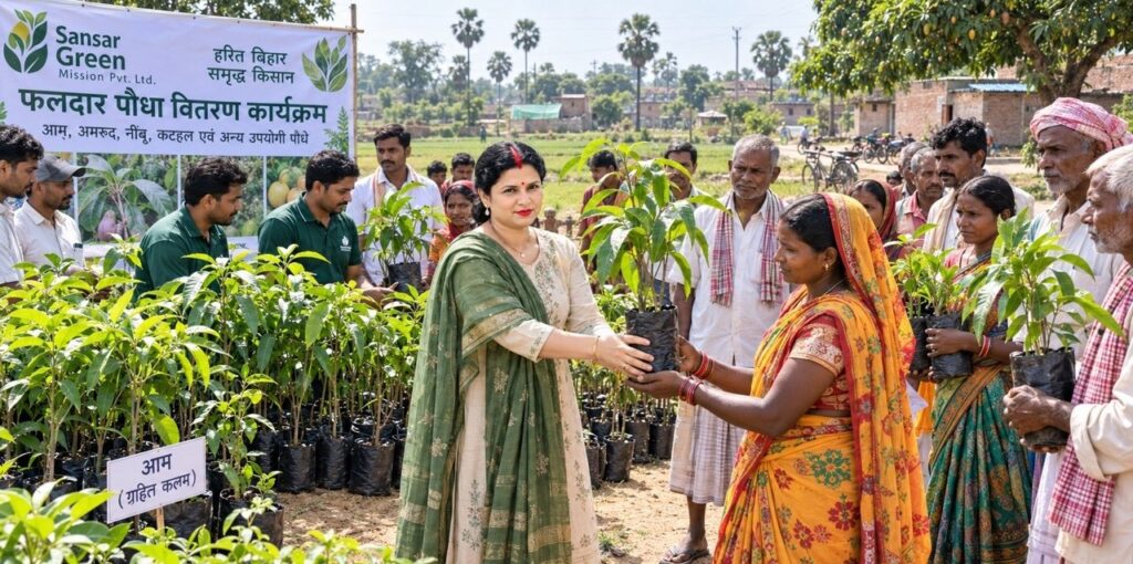 Rimi Singh distributing fruit-bearing plants to farmers in Panchgachia village, Bhagalpur, promoting rural greenery and environmental conservation