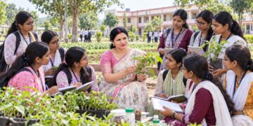 Rimi Singh planting trees with students at Radharman Sanskrit High School in Bhagalpur to promote environmental awareness and nature conservation