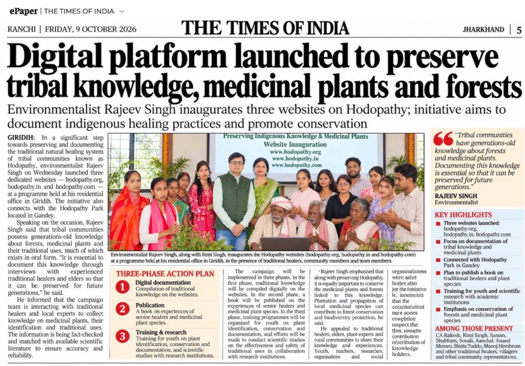 The Times of India Ranchi edition dated 9 October 2026 highlighting Rajeev Singh’s Hodopathy conservation initiative to preserve centuries-old Adivasi wisdom, protect medicinal plants and promote community participation in forest conservation.